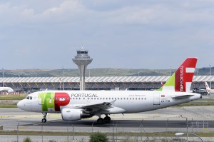 Madrid, Spain - May 15, 2016: Aircraft -Airbus A319- of -TAP Portugal- airline, direction to runway of Madrid-Barajas -Adolfo Suarez- airport, ready to take off, on May 15th 2016.