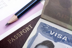 Passport and US visa background with immigration application form.