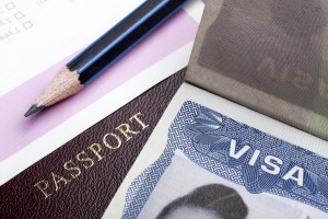 Passport and US visa background with  immigration application form.